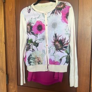 Ted Baler pink floral cardigan. Sending along cute pink tank to wear underneath!